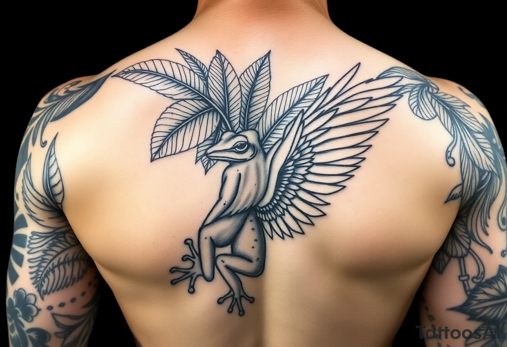 Full Sleeve tattoo including details of jungle leaves, Taino frog , Puerto Rican tribal patterns, angel wing tattoo idea