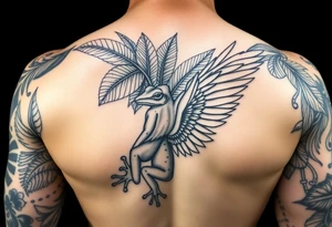 Full Sleeve tattoo including details of jungle leaves, Taino frog , Puerto Rican tribal patterns, angel wing tattoo idea