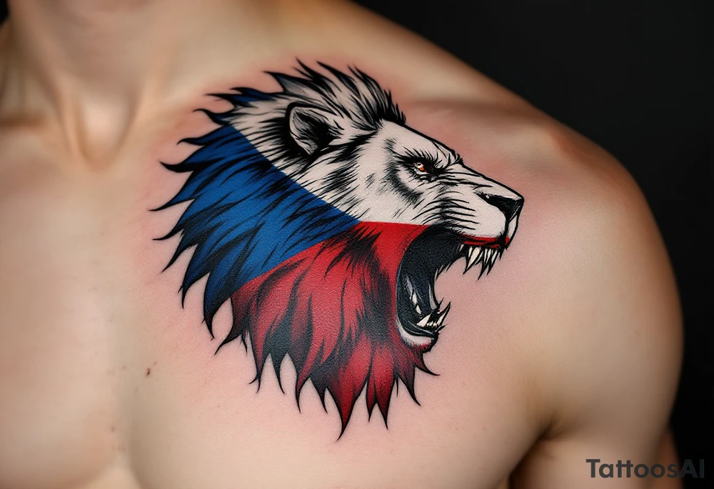 A Czech flag morphing into a roaring lion, symbolizing national pride and strength, with deep red, white, and royal blue tones. tattoo idea