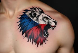 A Czech flag morphing into a roaring lion, symbolizing national pride and strength, with deep red, white, and royal blue tones. tattoo idea