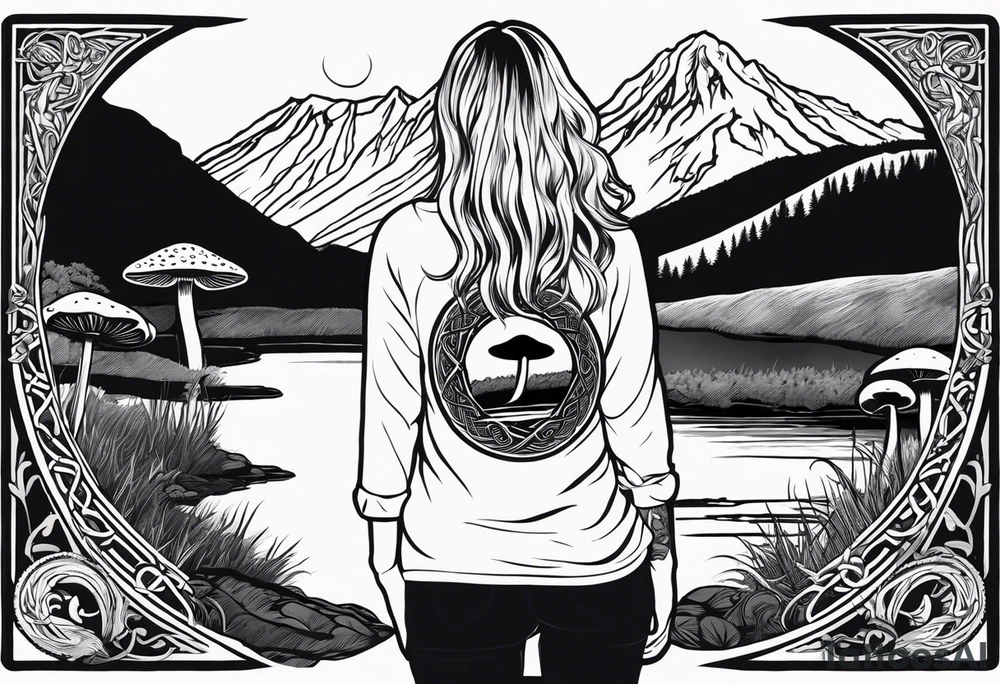 Whole picture encircled fully

Straight long blonde hair hippie girl in distance holding mushrooms in hand facing away toward mountains and creek surrounded by mushrooms long sleeve shirt and hiking pants; whole rendering within a full celtic circle border, no cut off circle tattoo idea