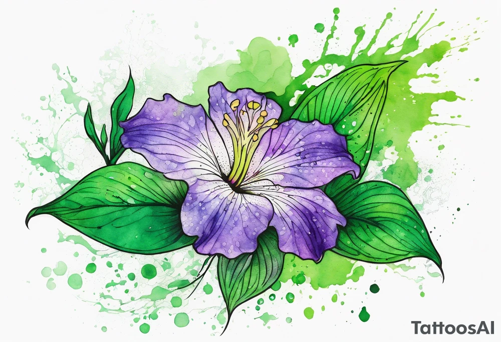 An outline of a green rio dipladenia flower and a green and purple watercolor splash in the background tattoo idea