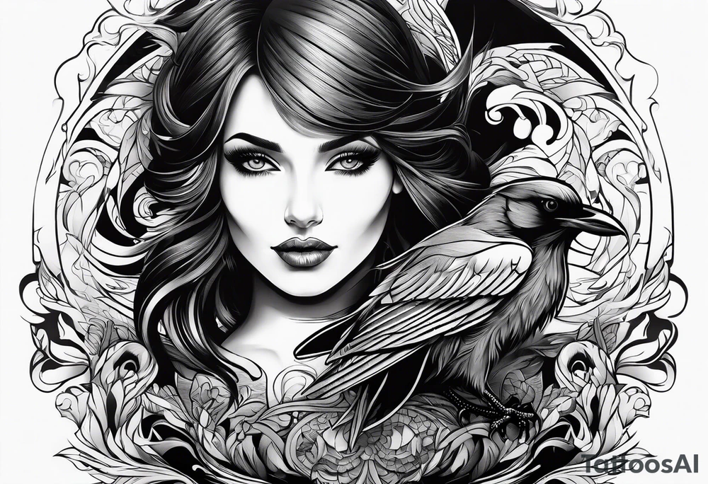 Beautiful women start turns in black raven tattoo idea
