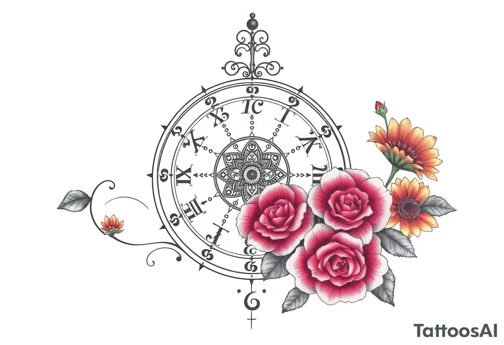 zodiac symbols and Norse runes within ornate clockwork mechanism with roses lilly sunflowers tattoo idea