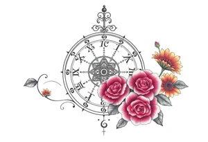 zodiac symbols and Norse runes within ornate clockwork mechanism with roses lilly sunflowers tattoo idea