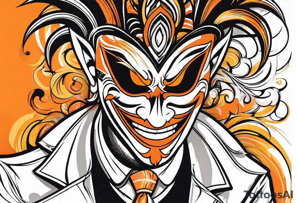 Laughing Male masquerade mask with orange and black smoke tattoo idea