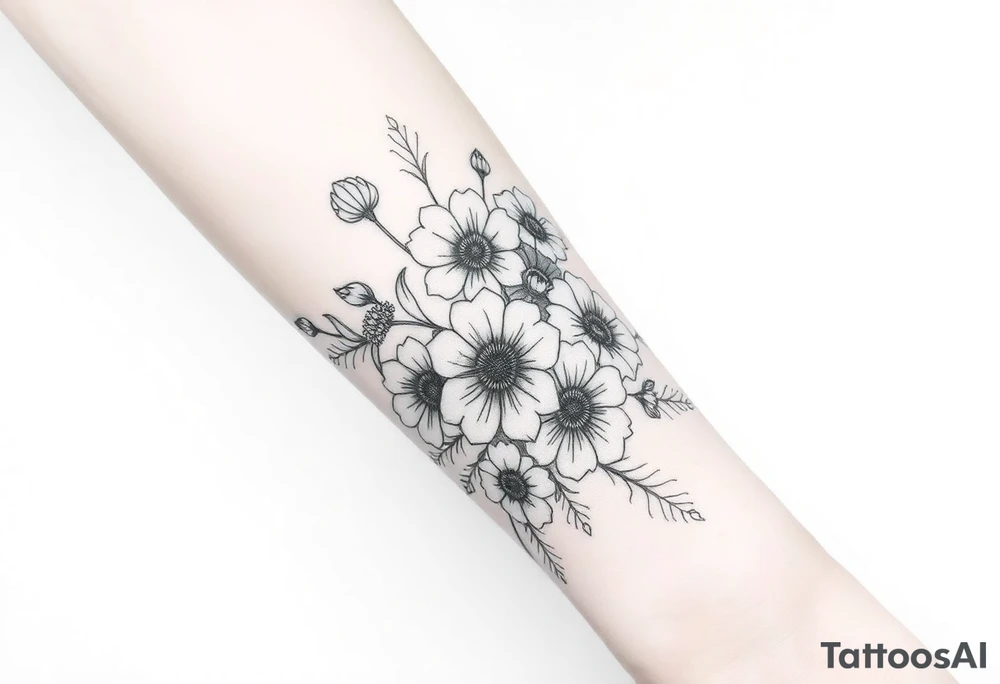 Large floral design with multiple types of flowers tattoo idea