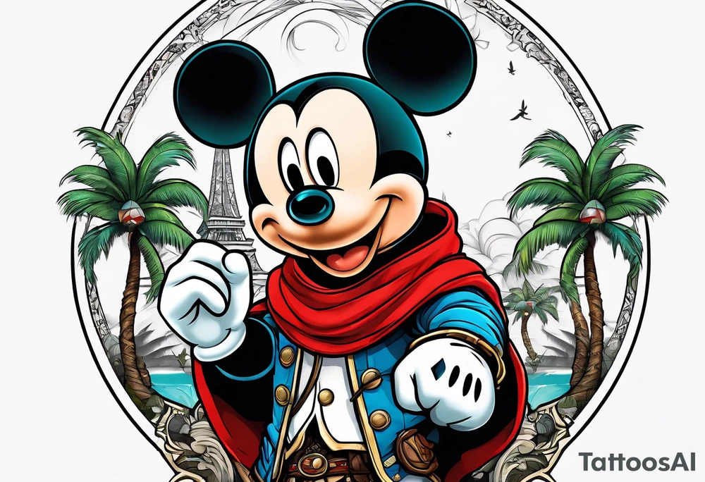 mickey mouse as assassins creed character with palm trees tattoo idea