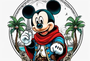 mickey mouse as assassins creed character with palm trees tattoo idea