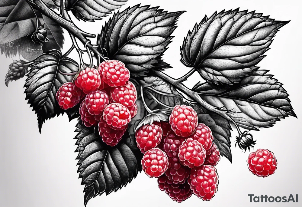 a long raspberry branch that is hanging upside down with small raspberries on it tattoo idea