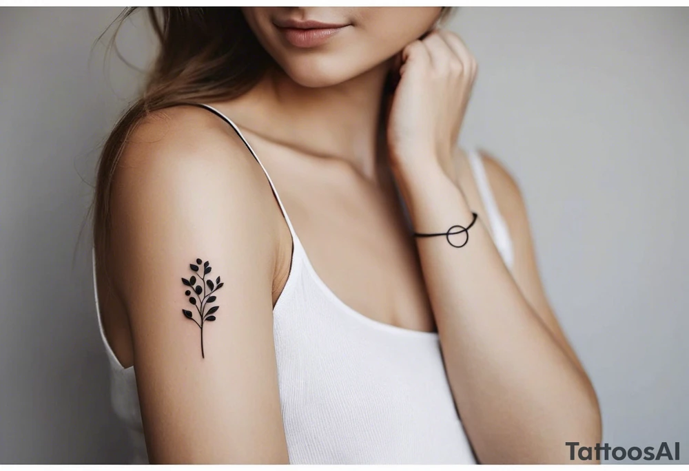 Here’s a description for the fourth idea:

	Minimalist black-and-white tattoo above the inner elbow, featuring an open circle with a small sprouting seed or budding plant inside, symbolizing new life and growth. From the seed, a fine, delicate lifeline extends outward, representing the journey of parent and child together. The design uses thin, clean lines for a simple, elegant, and symbolic look. tattoo idea