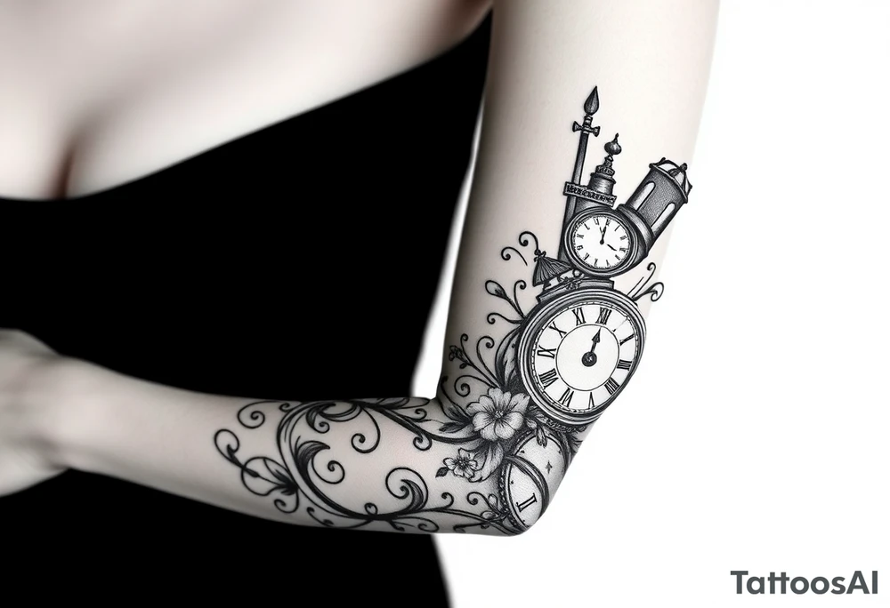 alice in womderland the chestire cat mad hatter and clock tattoo idea