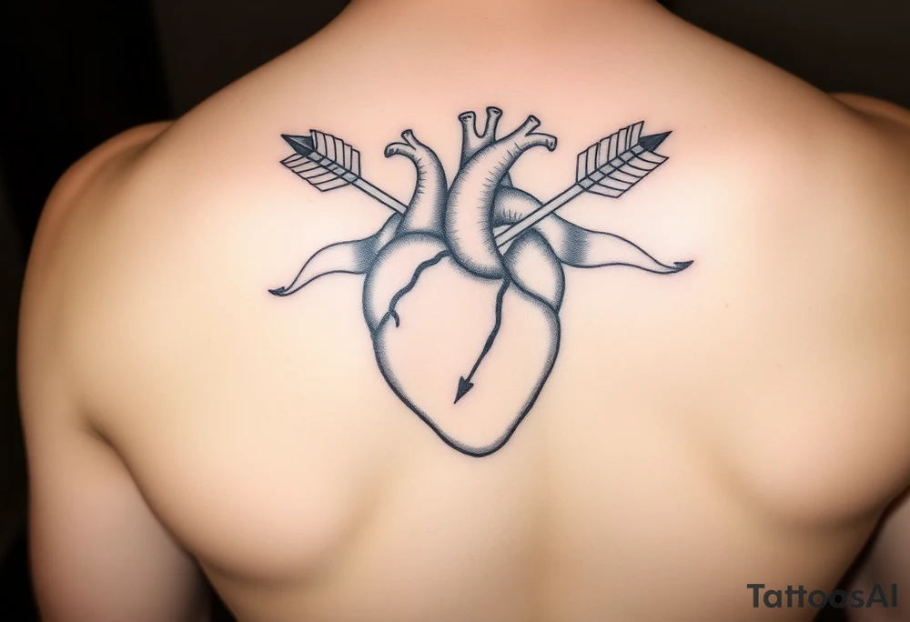 anatomical heart pierced by ornate arrow with flowing ribbons tattoo idea