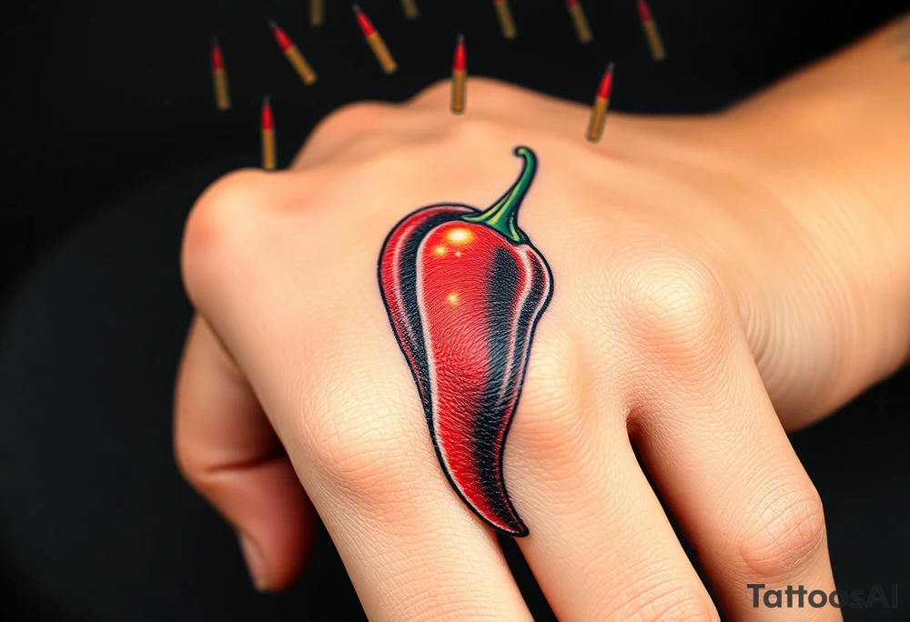 Chili pepper with flames and raining bullets in the background tattoo idea