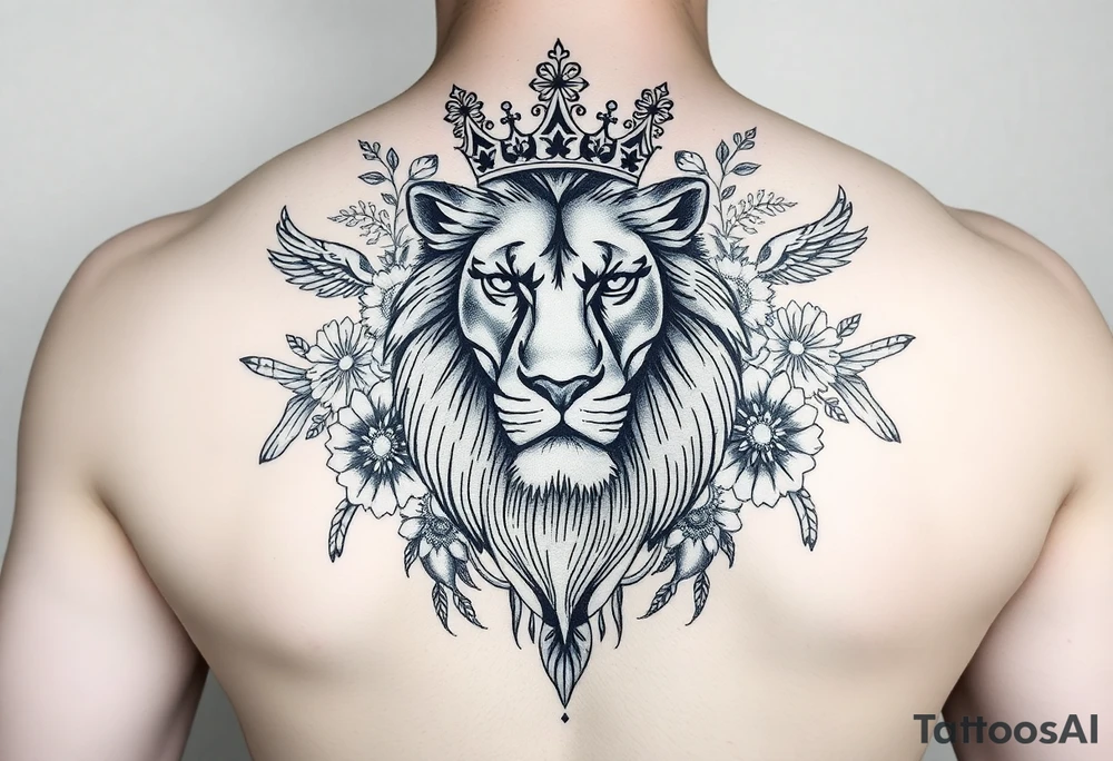 powerful majestic lion with a crown, surrounded by floral ornaments and birds tattoo idea