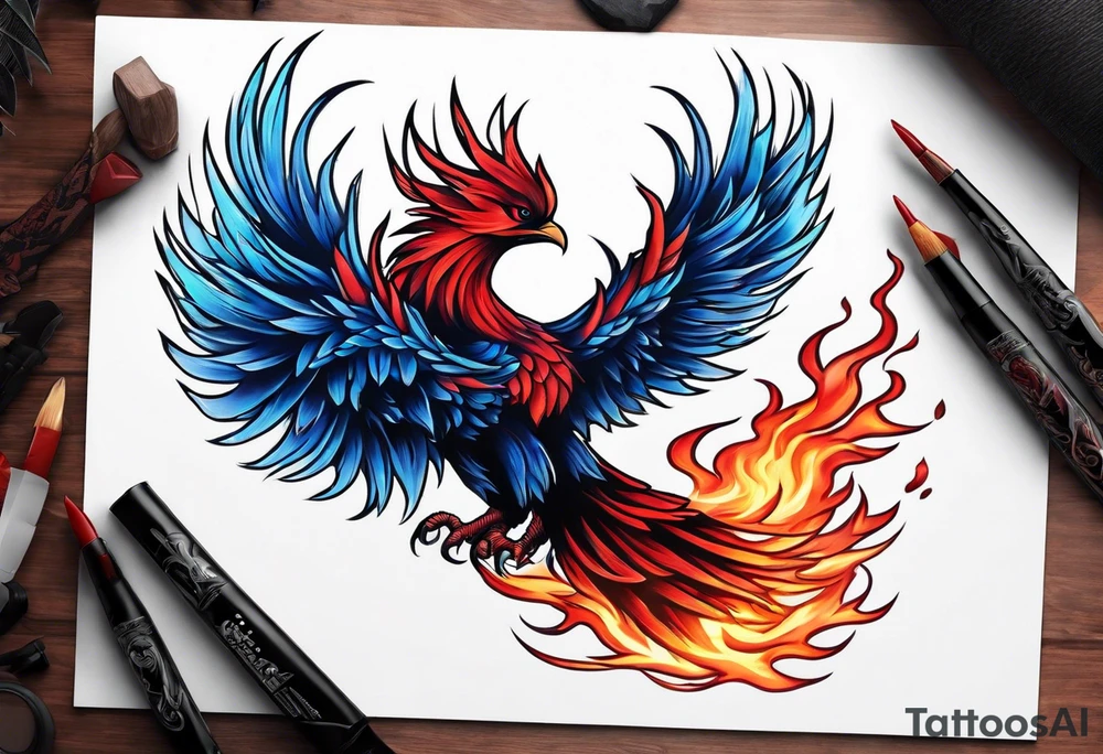 Blue and red Phoenix on fire on a mountain tattoo idea