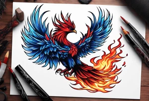 Blue and red Phoenix on fire on a mountain tattoo idea