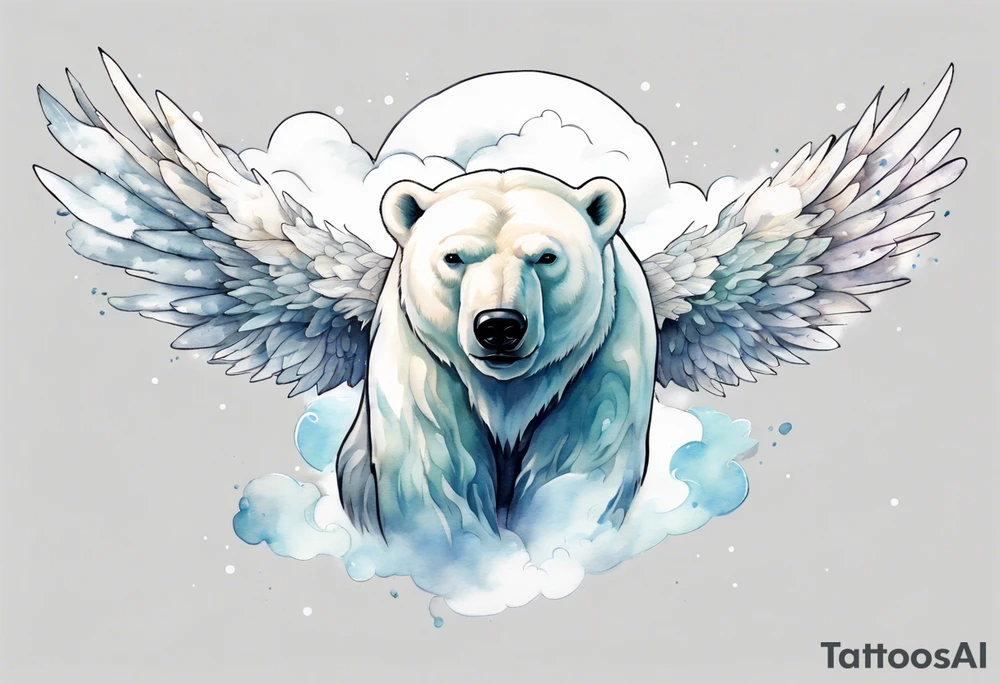 a polar bear with wings surrounded by clouds in the sky tattoo idea