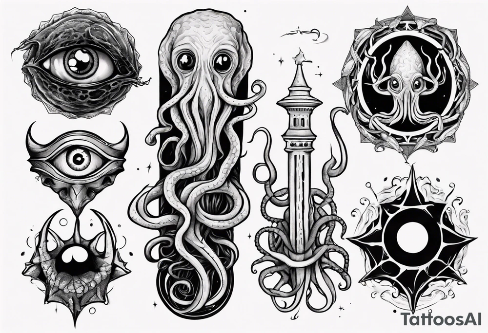 lovecraft long tattoo to put on the forearm, with eye and tentacle tattoo idea