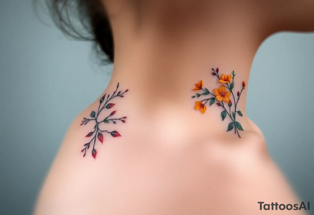 Two separate collarbone tattoos of long, thin stems and branches covered with red, orange, yellow and dark forest green leaves and flowers, muted and light, delicate and gentle but moody tattoo idea