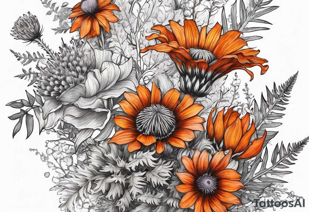 cascading mixed colored wildflowers with thistles, ferns, burnt orange flowers all in color tattoo idea