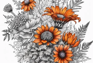 cascading mixed colored wildflowers with thistles, ferns, burnt orange flowers all in color tattoo idea