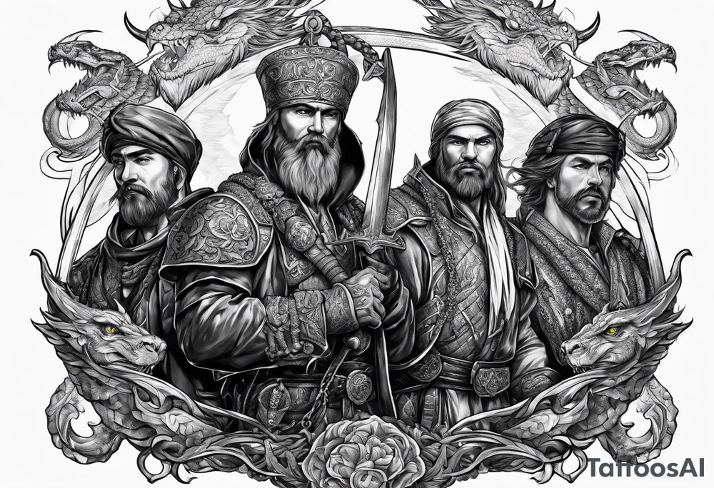 Three Russian heroes holding a dragon on a chain tattoo idea Three Russian heroes holding a dragon on a chain tattoo idea