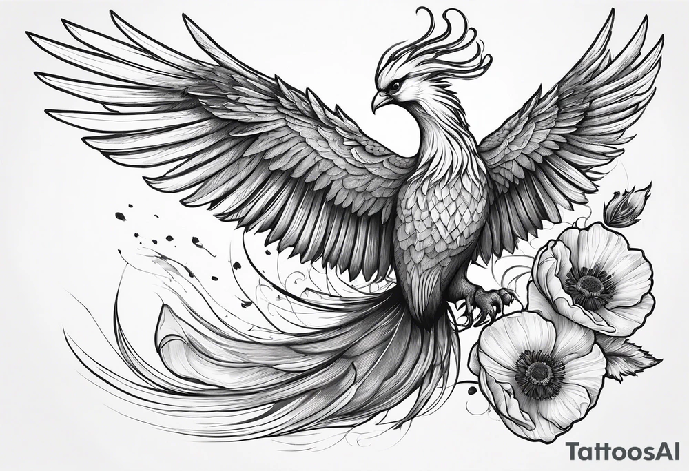 elongated phoenix in flight
in profile long tail with claws holding poppies falling tattoo idea