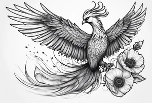 elongated phoenix in flight 
in profile long tail with claws holding poppies falling tattoo idea