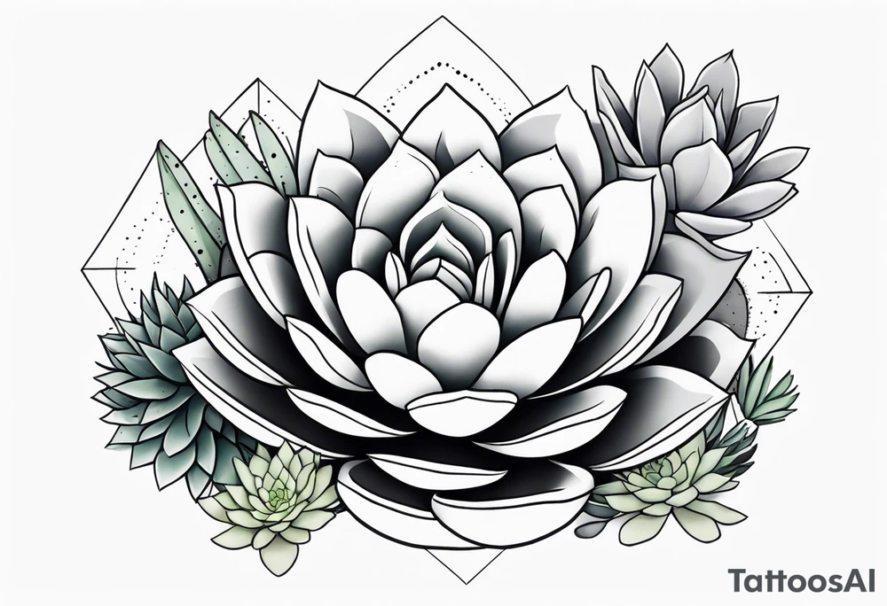 fine line. one big succulent in the middle. Two smaller succulents on each side. Dots and floral
. Sternum tattoo grey scale shading tattoo idea