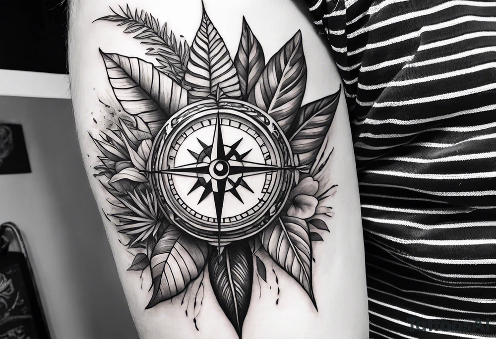 full sleeve tattoo with jungle plants, eye compass tattoo idea