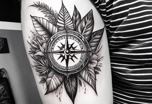 full sleeve tattoo with jungle plants, eye compass tattoo idea