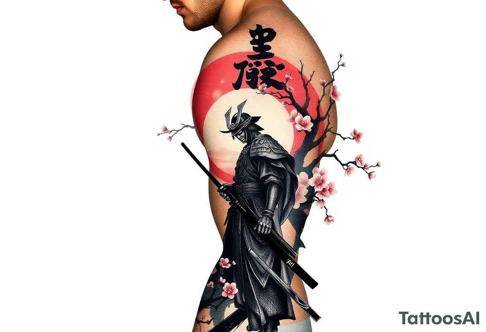 noble samurai warrior silhouette at sunset with cherry blossoms tattoo idea