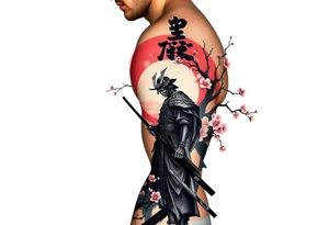 noble samurai warrior silhouette at sunset with cherry blossoms tattoo idea