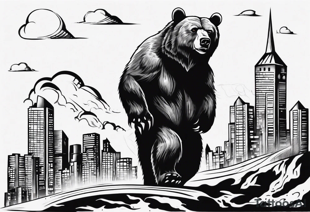 Serious bear coming up behind a city tattoo idea