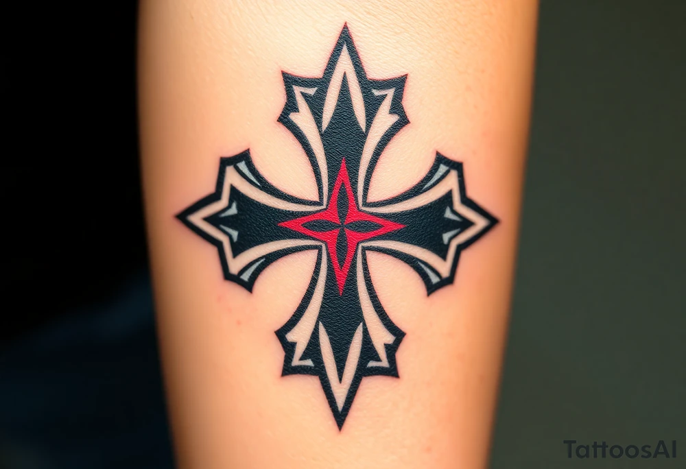 A bold black and red Maltese cross with silver outlines, tattoo idea