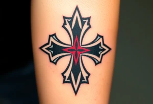 A bold black and red Maltese cross with silver outlines, tattoo idea