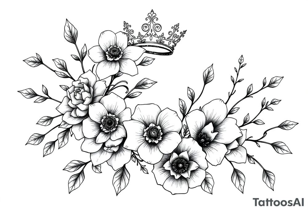 detailed beautiful gothic boho flowerson vine with gorgeous crown ornamental tattoo idea