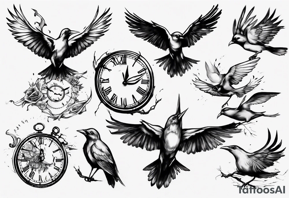 clock explodes into birds tattoo idea