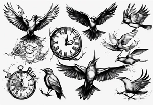 clock explodes into birds tattoo idea