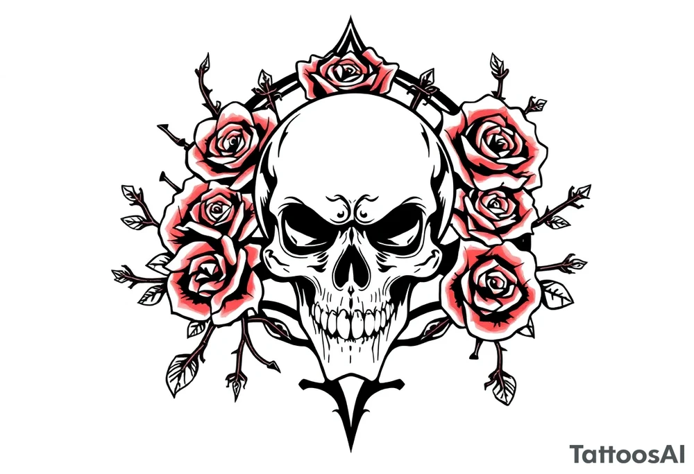 gothic skull intertwined with climbing roses and thorny vines tattoo idea