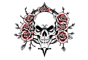 gothic skull intertwined with climbing roses and thorny vines tattoo idea