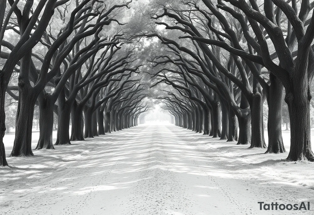 Tree lined dirt road. Road is rough, not smooth. Trees are oak, lining the road unevenly, tight so little light gets through. Branches arch across the road, some meeting in the middle. Dappled sunlight where it hits. Road gets smaller in the distance. tattoo idea