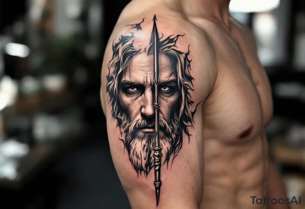 close-up jeasus behind a trident tattoo idea