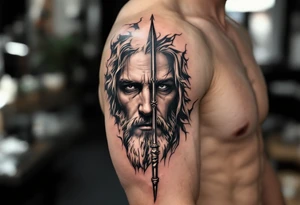 close-up jeasus behind a trident tattoo idea