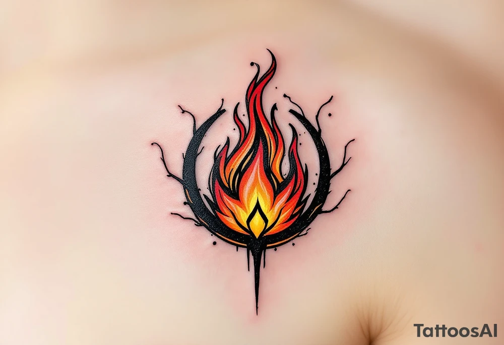 A bold and intricate design featuring the Dauntless symbol, a flame inside a circle, with dynamic black lines and red-orange accents that give it an intense, fiery look. The flame can have soft gradients of red, yellow, and orange to create a sense of movement and heat. Black, red, orange, yellow. tattoo idea