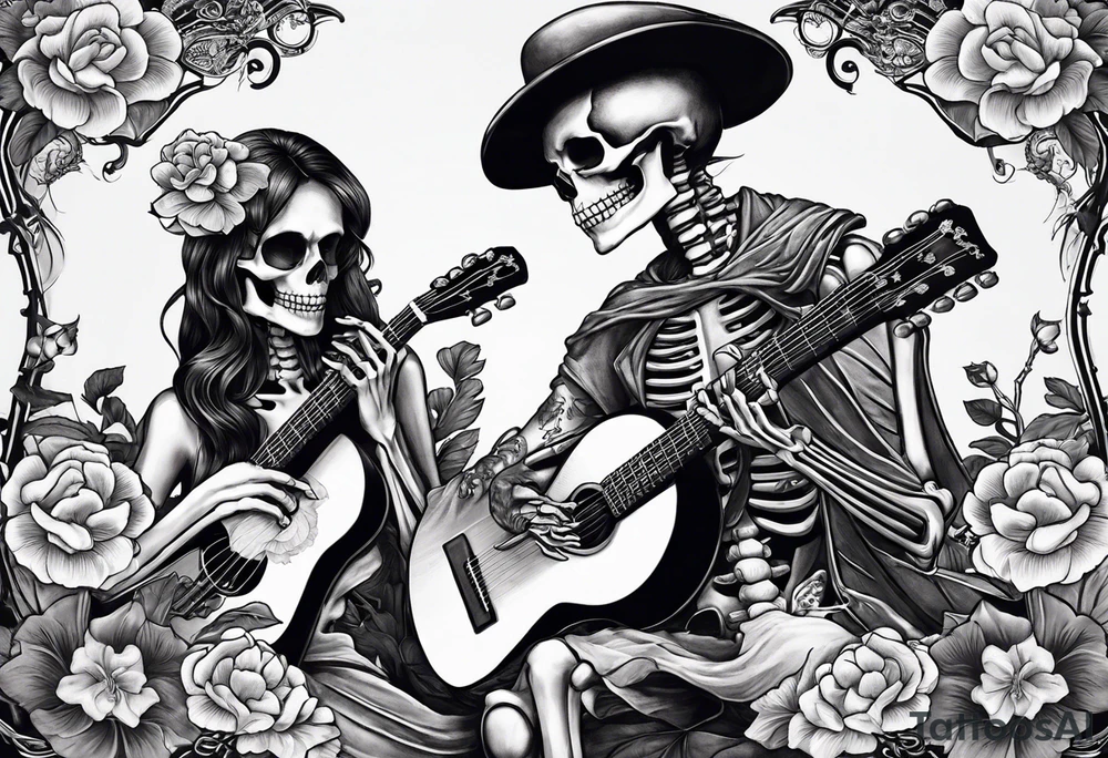 female skeleton listening to a male skeleton play guitar. The female skeleton has a ahibiscus flower behind here ear and is sitting on a korean kimchi pot. tattoo idea