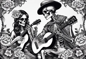 female skeleton listening to a male skeleton play guitar. The female skeleton has a ahibiscus flower behind here ear and is sitting on a korean kimchi pot. tattoo idea