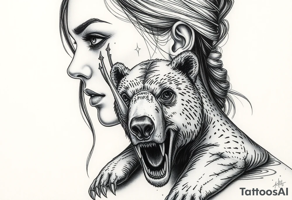 Beautiful Woman with battle scars and blood on face wearing bear cadaver tattoo idea
