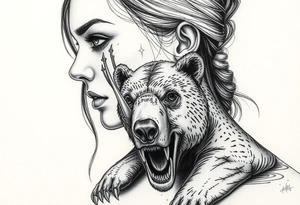 Beautiful Woman with battle scars and blood on face wearing bear cadaver tattoo idea